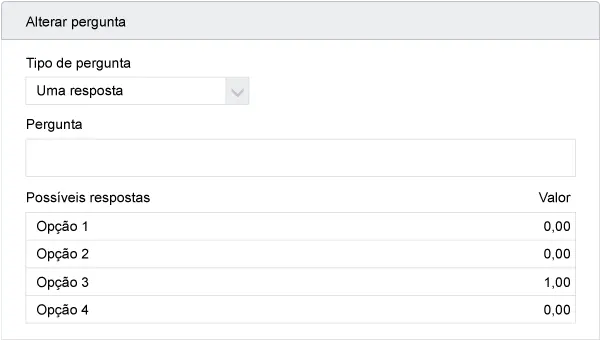 Captura de tela da criação de uma pergunta com o valor atribuído à resposta correta.