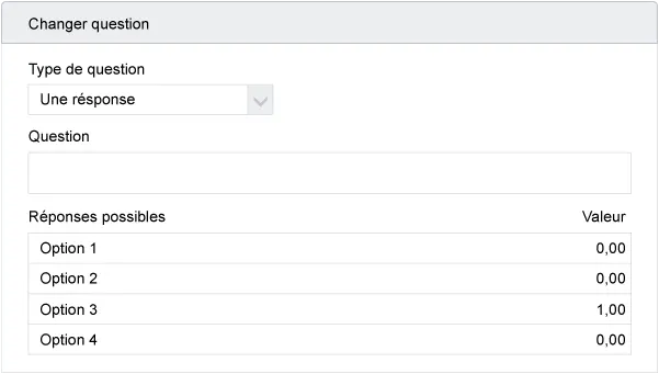 Capture d'écran de la création d'une question avec la valeur attribuée à la bonne réponse.